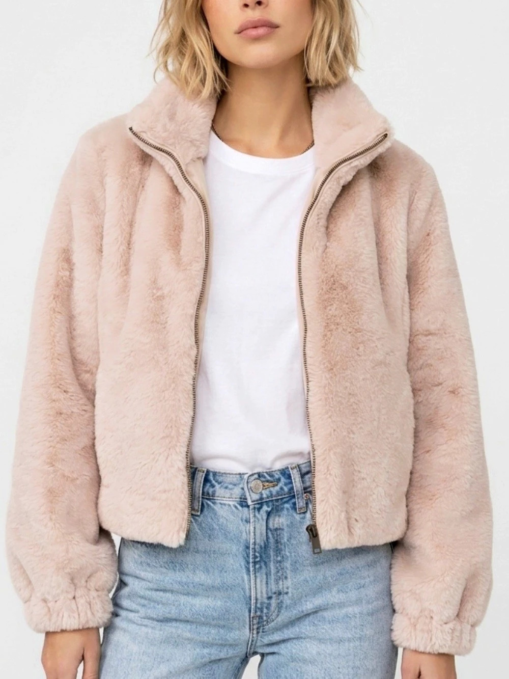 Sanctuary Blush Pink Beige Faux Fur Cropped Full Zip Jacket Women's XS